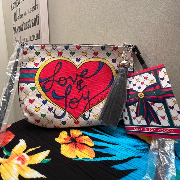 NWT Brighton Love & Joy Crossbody Canvas Pouch Purse with Tassel, Hearts, bows - Picture 1 of 8